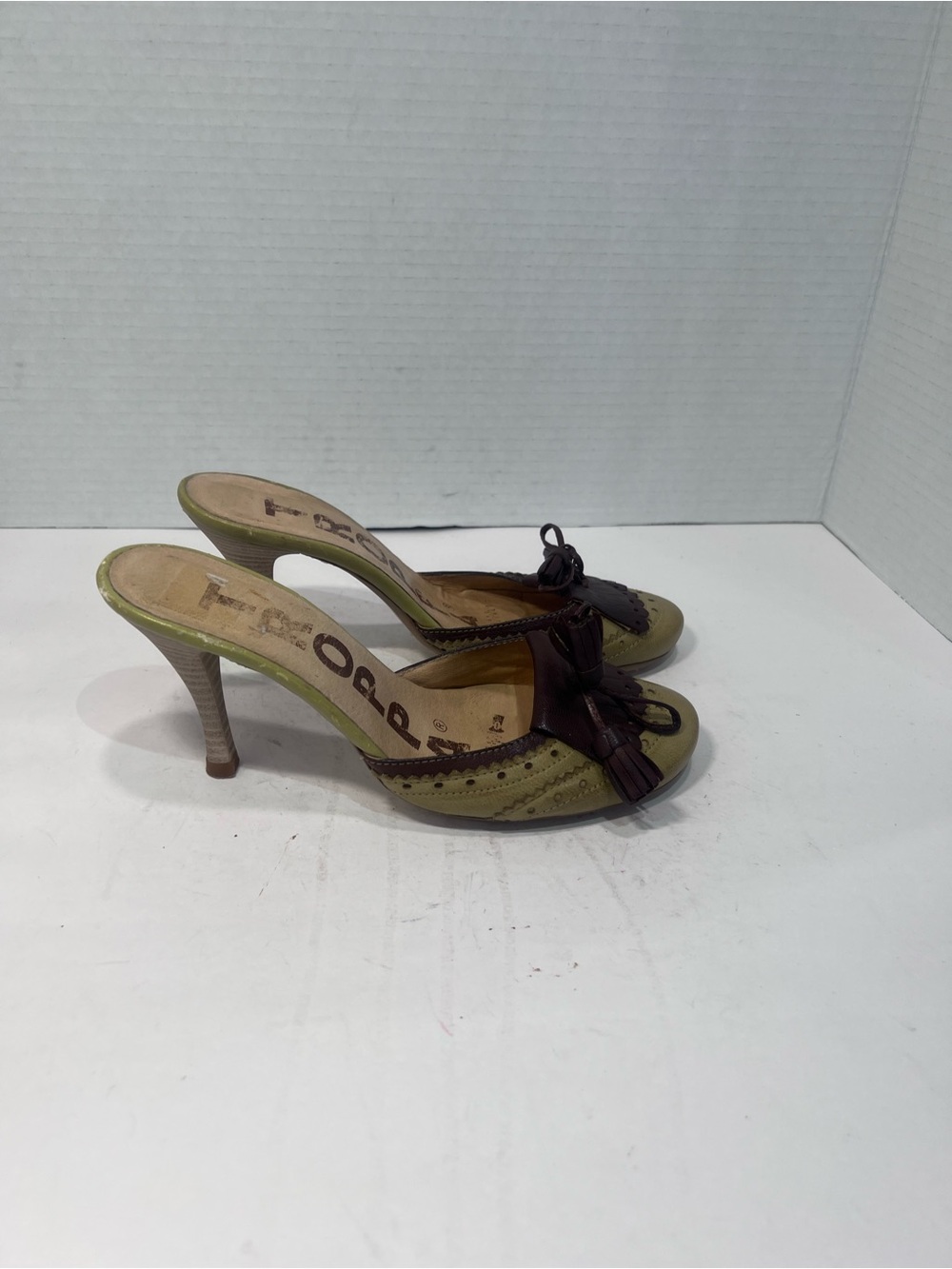 Olive Green and Brown Tassel Heeled Mules
